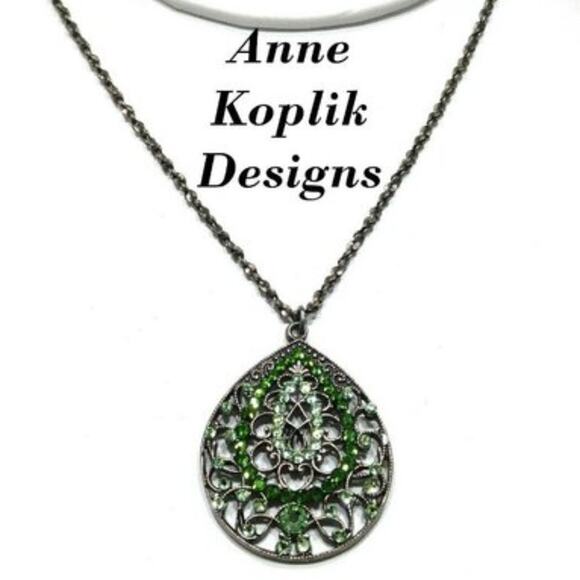 Anne Koplik Designs Necklace, Light Dark Green Rhinestone Teardrop Pendant, 18" - Picture 1 of 10